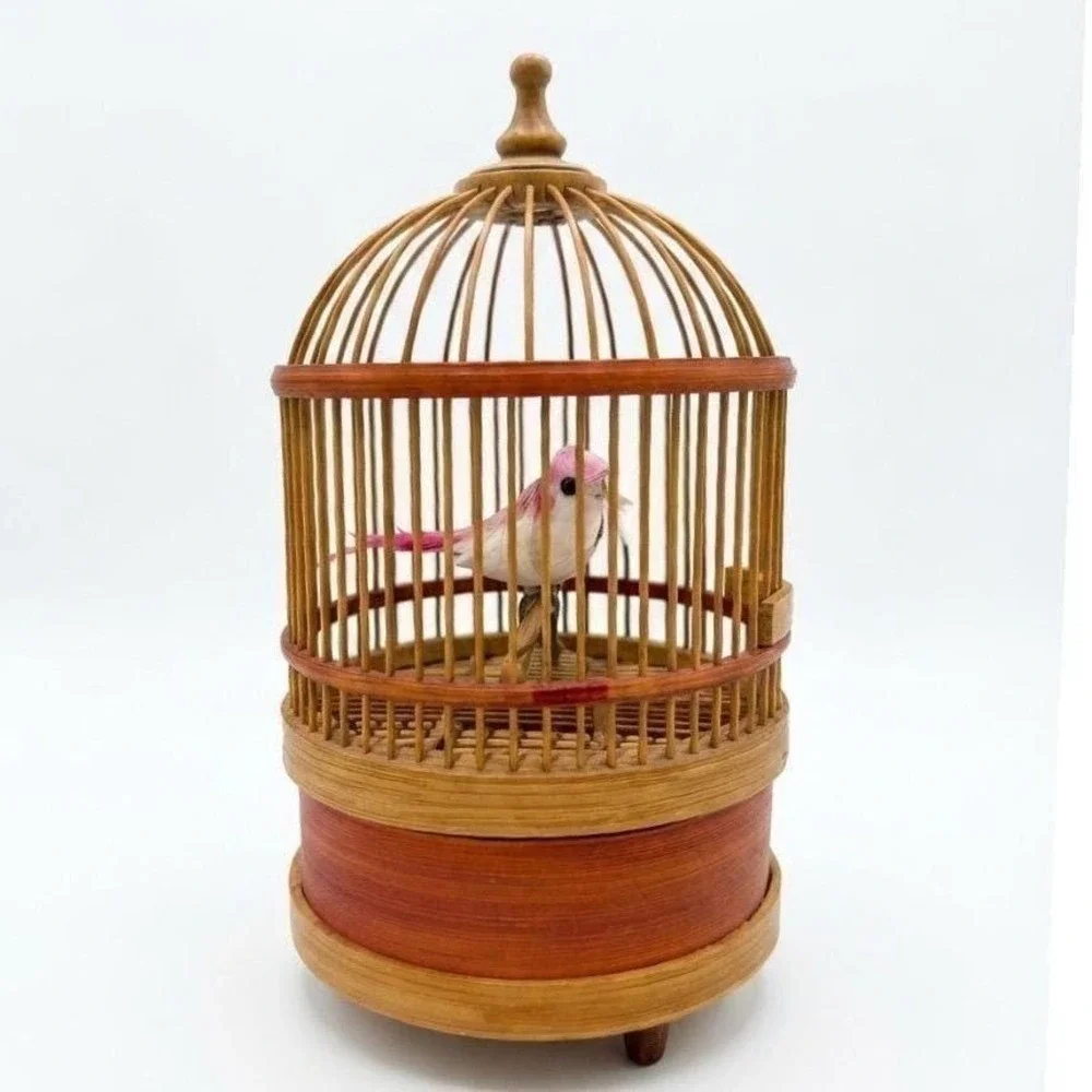 Vintage Bamboo Birdcage Music Box Pink Bird Wind Up Decorative Ornament Whimsy